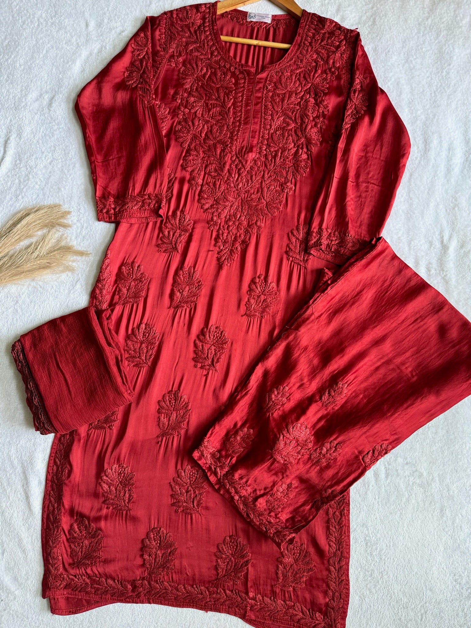 Inaya Satin Chikankari Kurta Set With 3D Handwork
